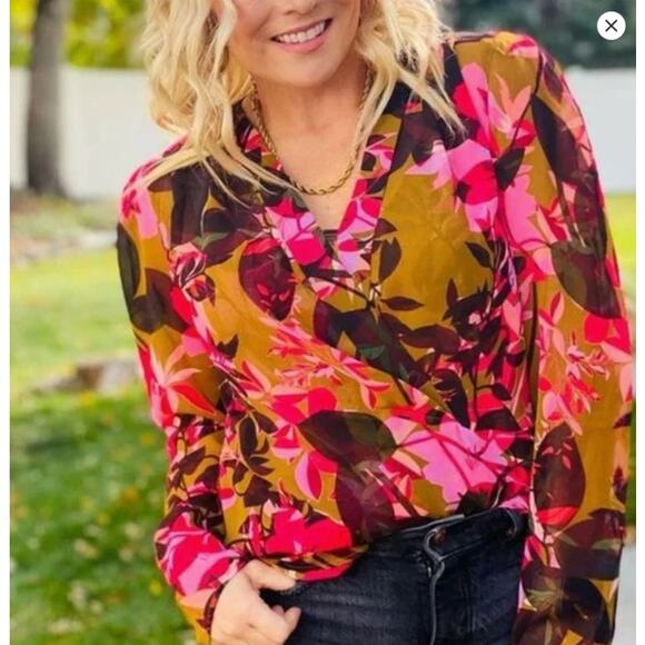 Cabi Womens Brown Pink Floral Mia Blouse Size M Sheer Career Office Spring - Picture 3 of 8